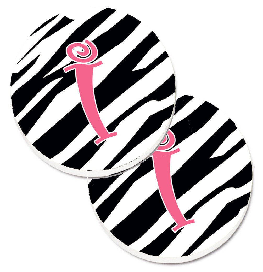 Monogram Initial I Zebra Stripe and Pink  Set of 2 Cup Holder Car Coasters CJ1037-ICARC by Caroline&#39;s Treasures
