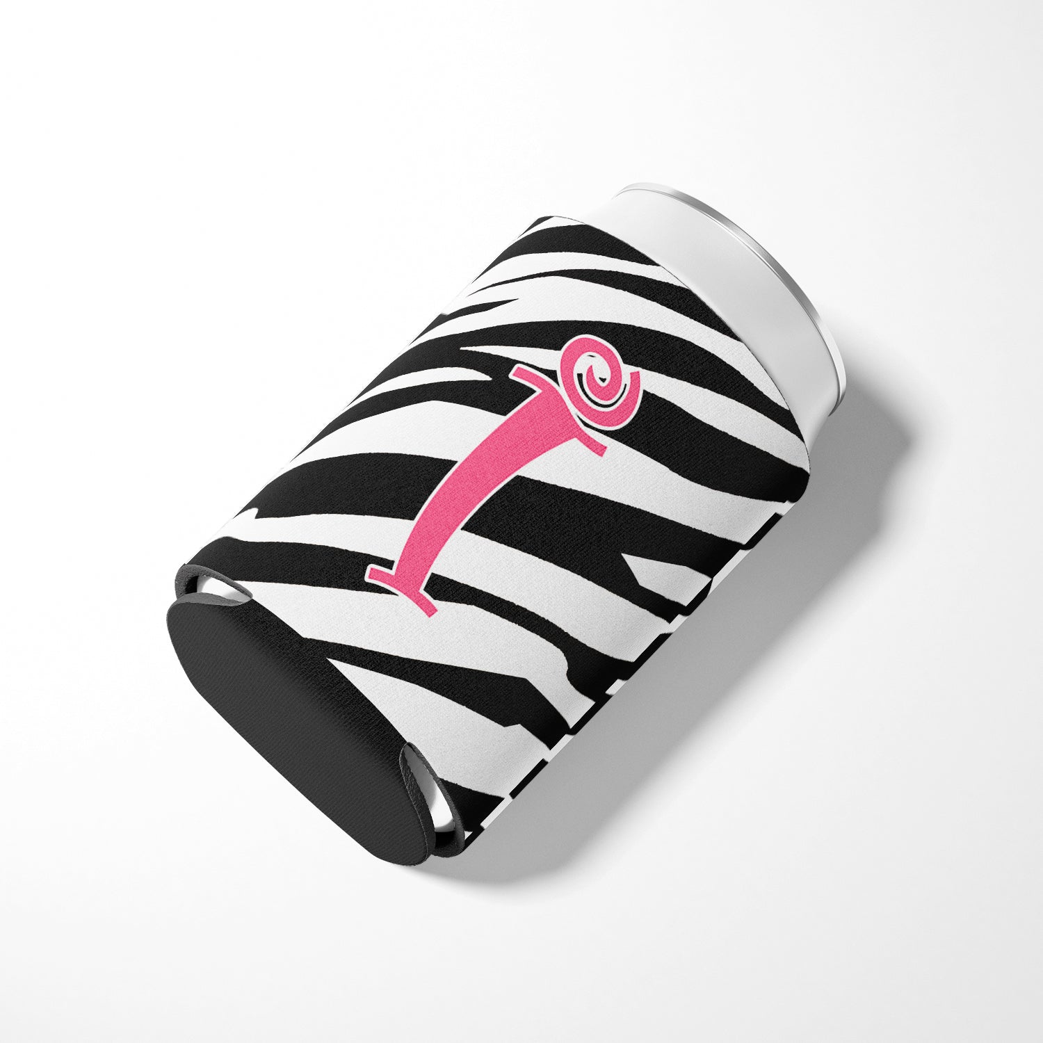 Letter I Initial Monogram - Zebra Stripe and Pink Can or Bottle Beverage Insulator Hugger.