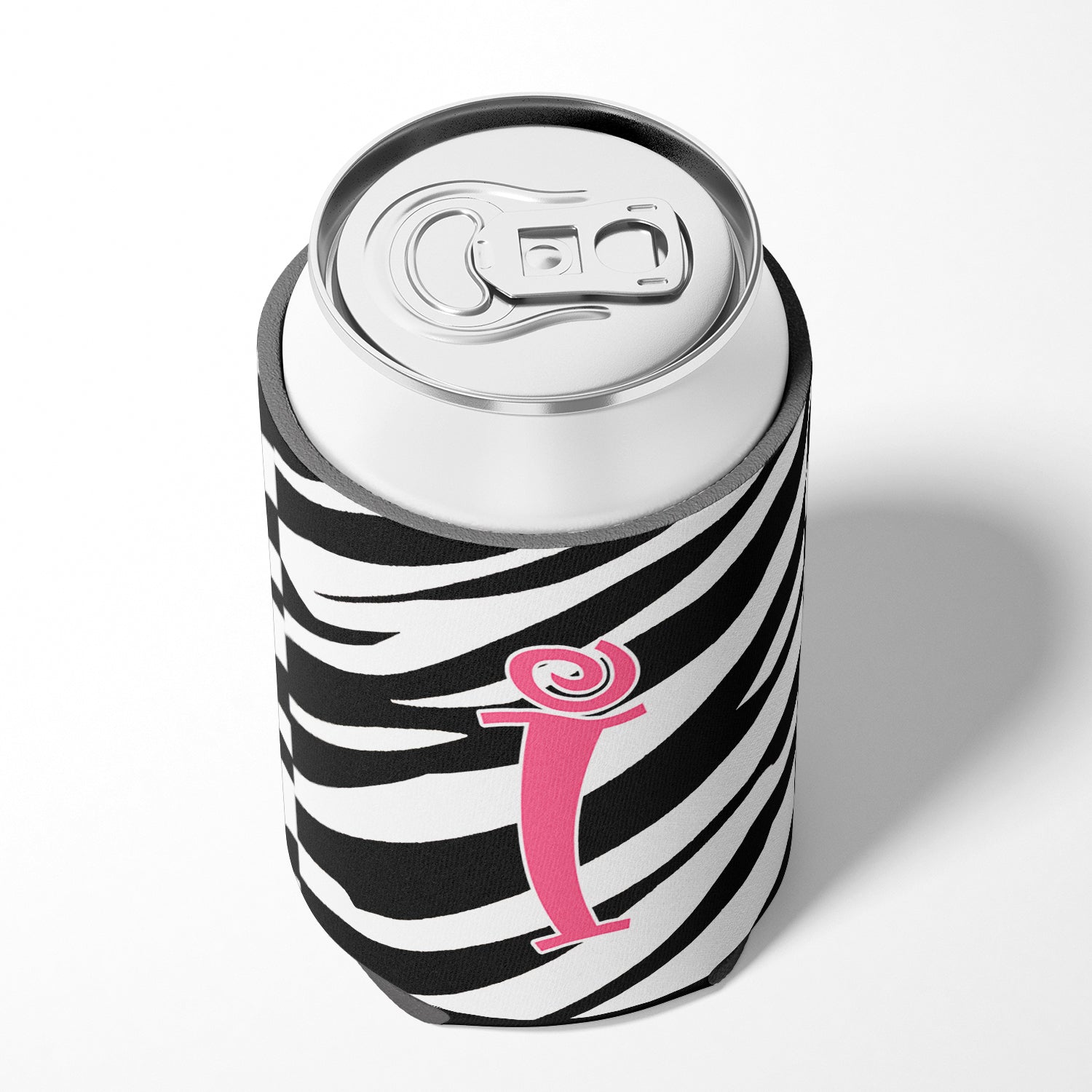 Letter I Initial Monogram - Zebra Stripe and Pink Can or Bottle Beverage Insulator Hugger.
