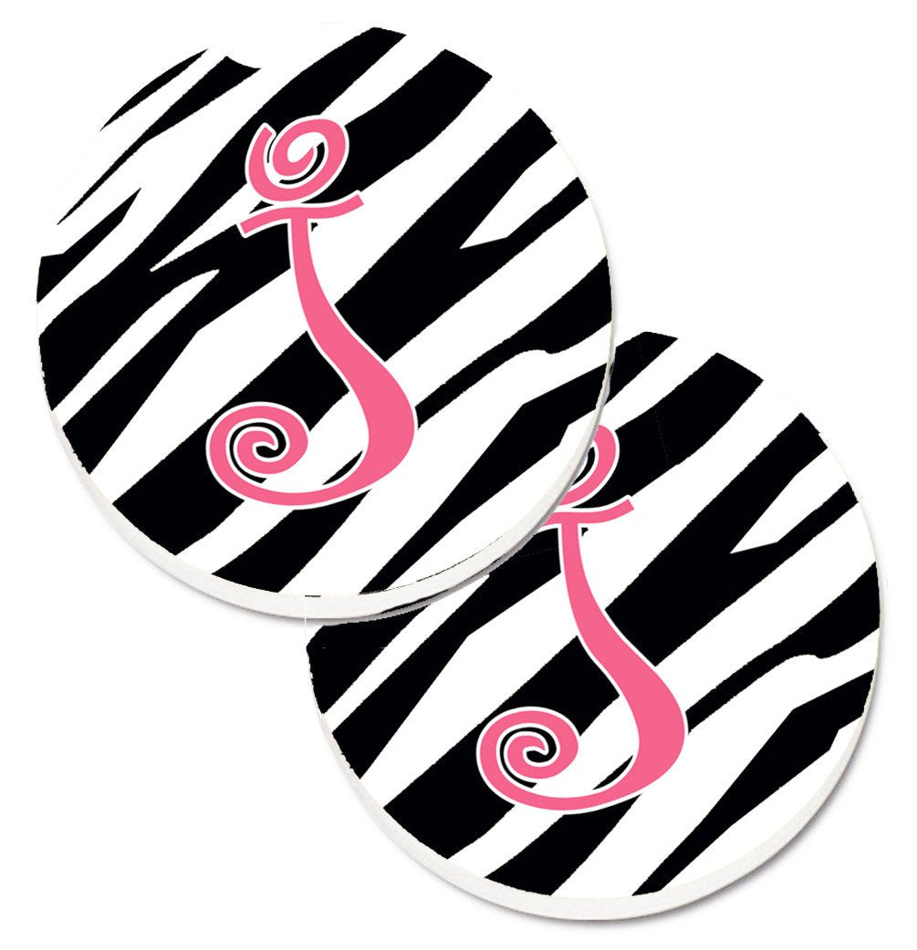 Monogram Initial J Zebra Stripe and Pink  Set of 2 Cup Holder Car Coasters CJ1037-JCARC by Caroline&#39;s Treasures
