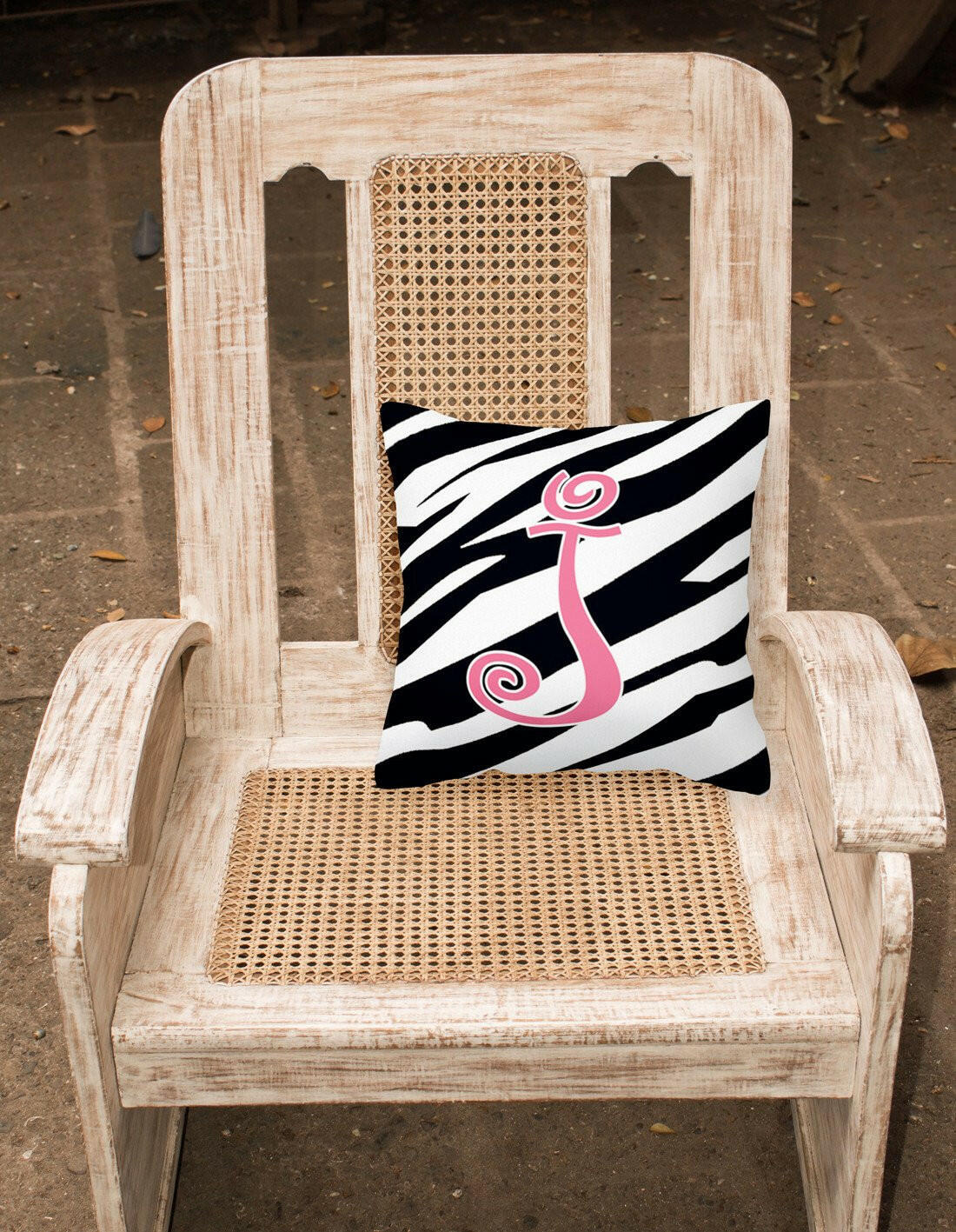Monogram Initial J Zebra Stripe and Pink Decorative Canvas Fabric Pillow CJ1037 - the-store.com