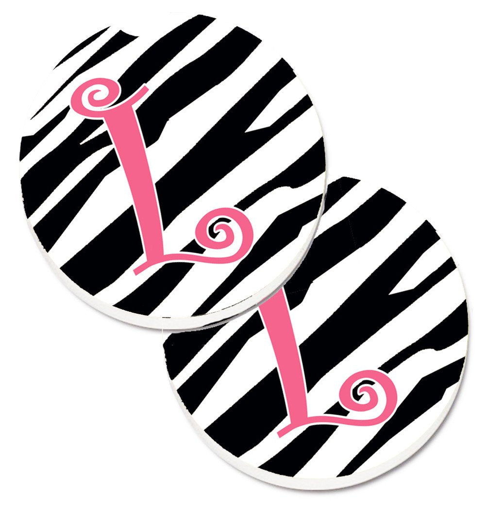 Monogram Initial L Zebra Stripe and Pink  Set of 2 Cup Holder Car Coasters CJ1037-LCARC by Caroline&#39;s Treasures