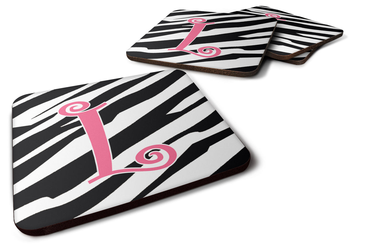 Set of 4 Monogram - Zebra Stripe and Pink Foam Coasters Initial Letter L - the-store.com