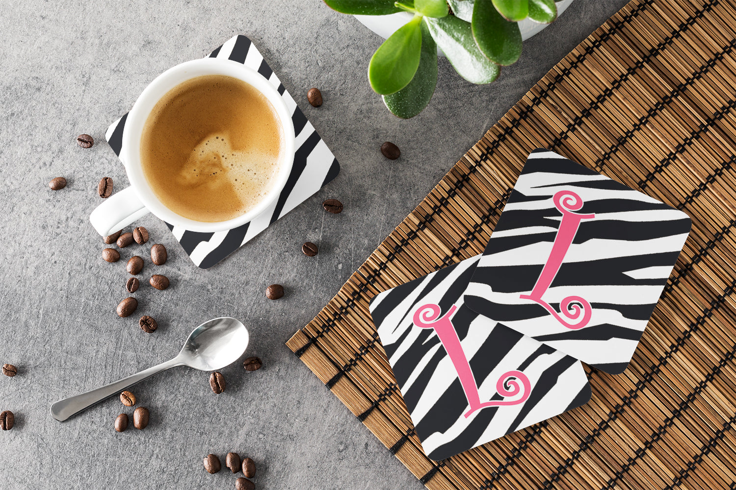 Set of 4 Monogram - Zebra Stripe and Pink Foam Coasters Initial Letter L - the-store.com