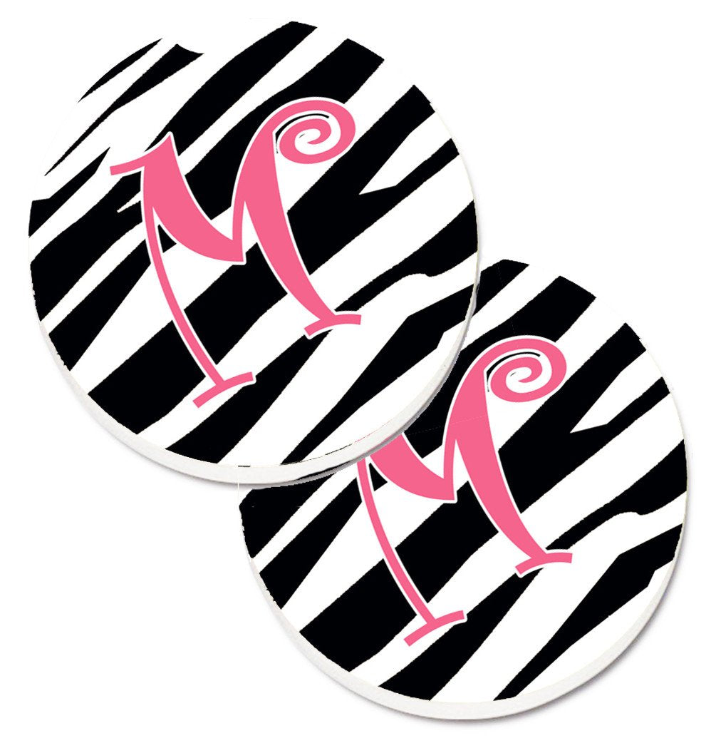 Monogram Initial M Zebra Stripe and Pink  Set of 2 Cup Holder Car Coasters CJ1037-MCARC by Caroline&#39;s Treasures