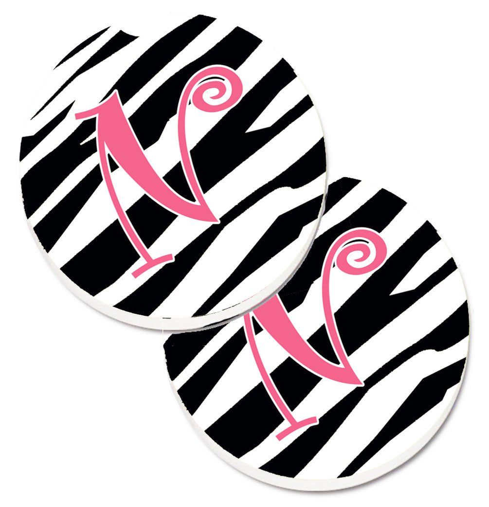 Monogram Initial N Zebra Stripe and Pink  Set of 2 Cup Holder Car Coasters CJ1037-NCARC by Caroline&#39;s Treasures