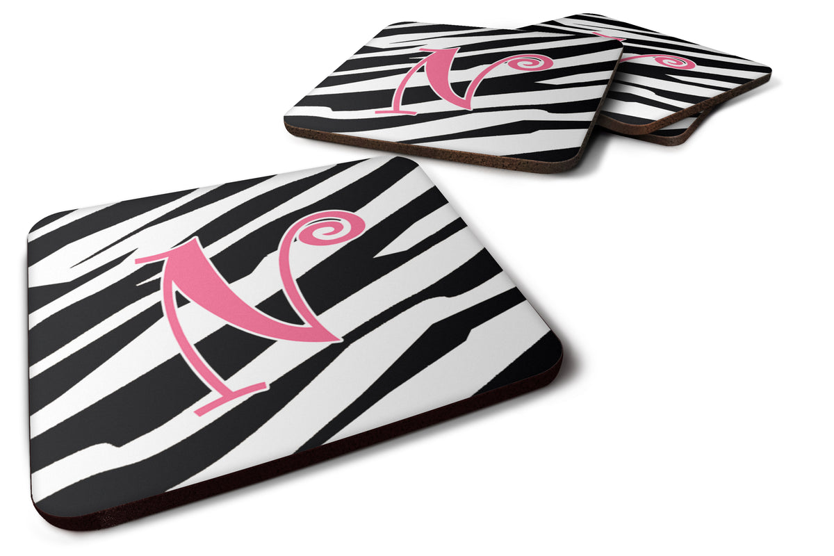 Set of 4 Monogram - Zebra Stripe and Pink Foam Coasters Initial Letter N - the-store.com