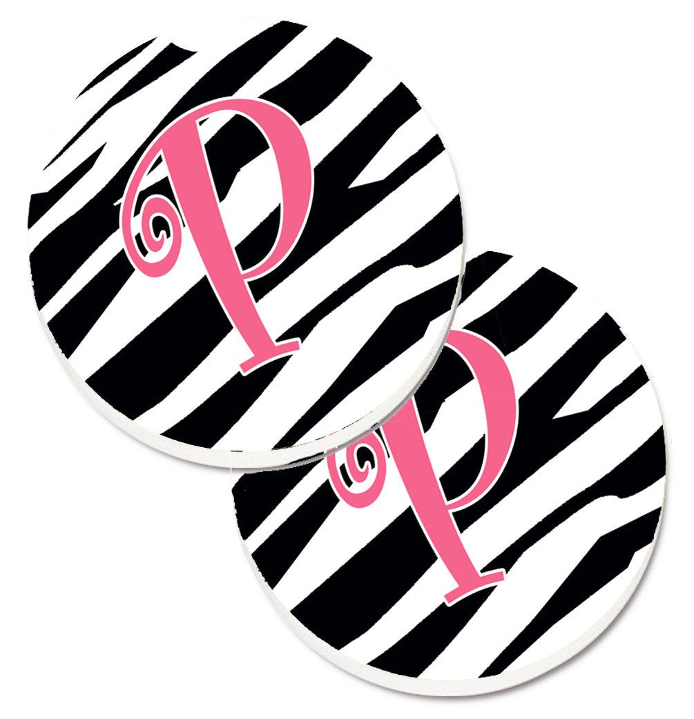 Monogram Initial P Zebra Stripe and Pink  Set of 2 Cup Holder Car Coasters CJ1037-PCARC by Caroline&#39;s Treasures