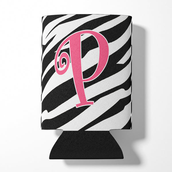 Letter P Initial Monogram - Zebra Stripe and Pink Can or Bottle Beverage Insulator Hugger