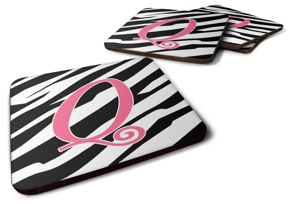 Set of 4 Monogram - Zebra Stripe and Pink Foam Coasters Initial Letter Q - the-store.com