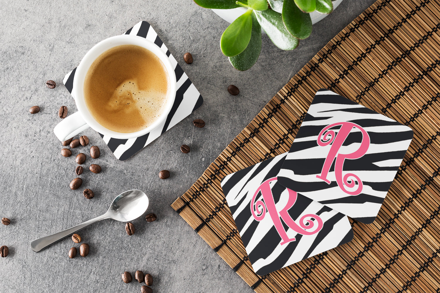 Set of 4 Monogram - Zebra Stripe and Pink Foam Coasters Initial Letter R - the-store.com