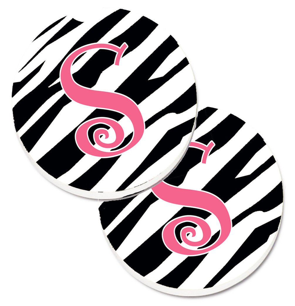 Monogram Initial S Zebra Stripe and Pink  Set of 2 Cup Holder Car Coasters CJ1037-SCARC by Caroline&#39;s Treasures