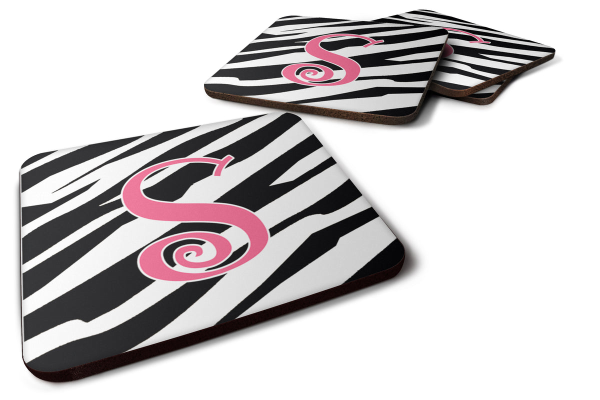Set of 4 Monogram - Zebra Stripe and Pink Foam Coasters Initial Letter S - the-store.com