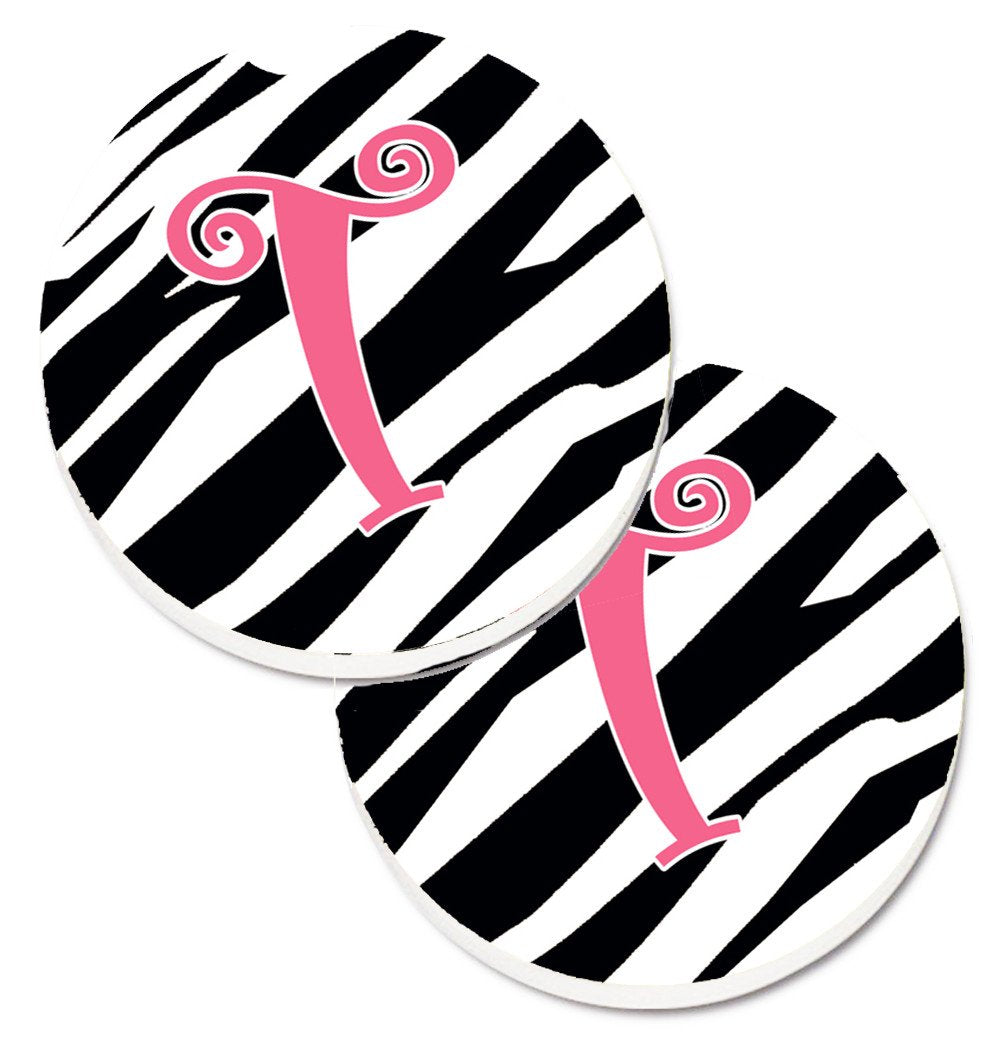 Monogram Initial T Zebra Stripe and Pink  Set of 2 Cup Holder Car Coasters CJ1037-TCARC by Caroline&#39;s Treasures