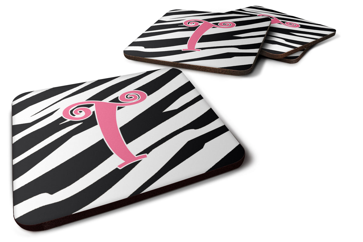 Set of 4 Monogram - Zebra Stripe and Pink Foam Coasters Initial Letter T - the-store.com