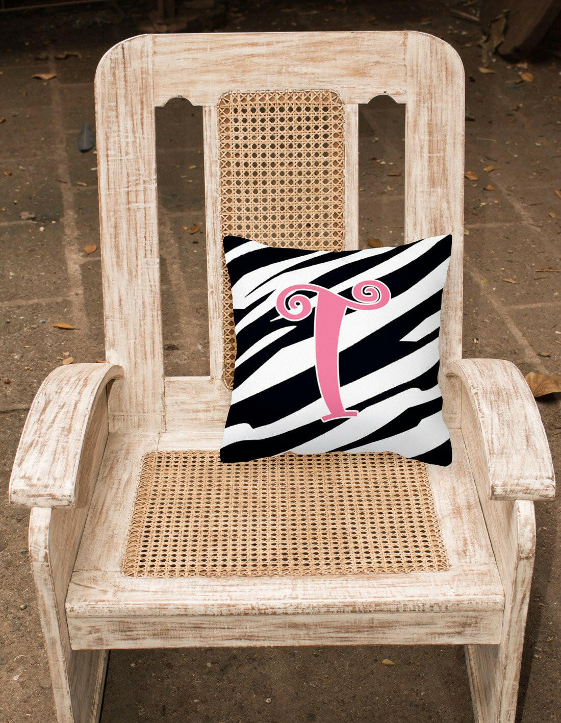 Monogram Initial T Zebra Stripe and Pink Decorative Canvas Fabric Pillow CJ1037 - the-store.com