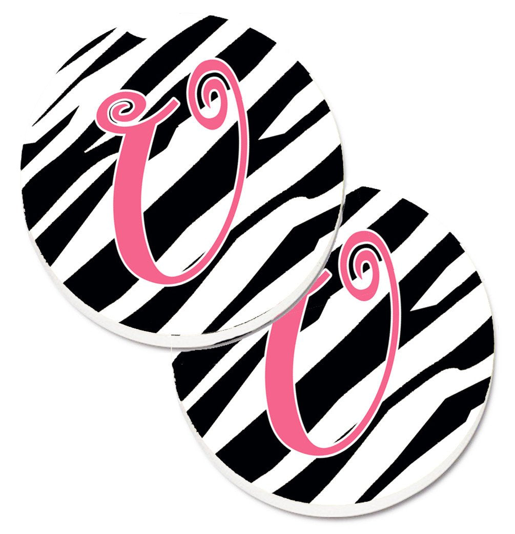 Monogram Initial U Zebra Stripe and Pink  Set of 2 Cup Holder Car Coasters CJ1037-UCARC by Caroline&#39;s Treasures