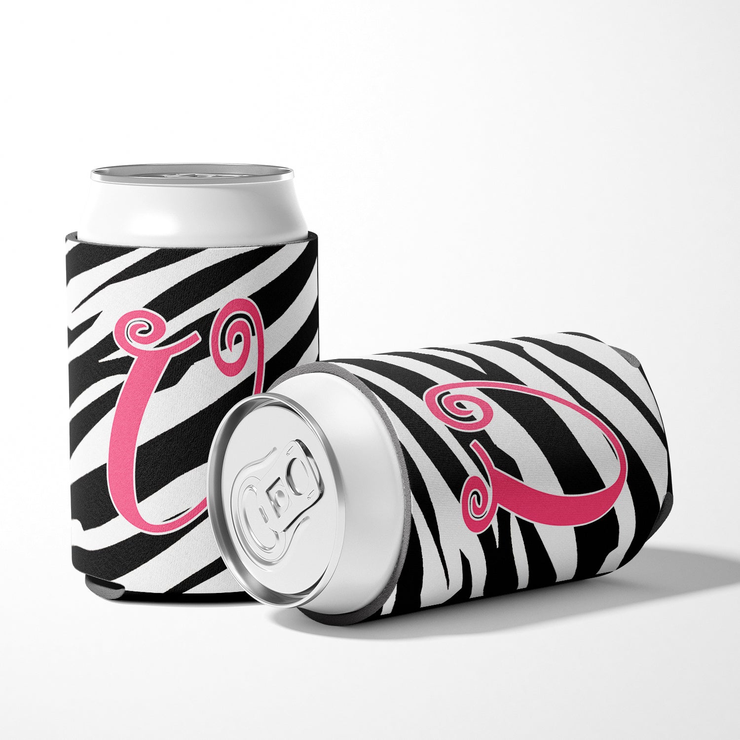 Letter U Initial Monogram - Zebra Stripe and Pink Can or Bottle Beverage Insulator Hugger.