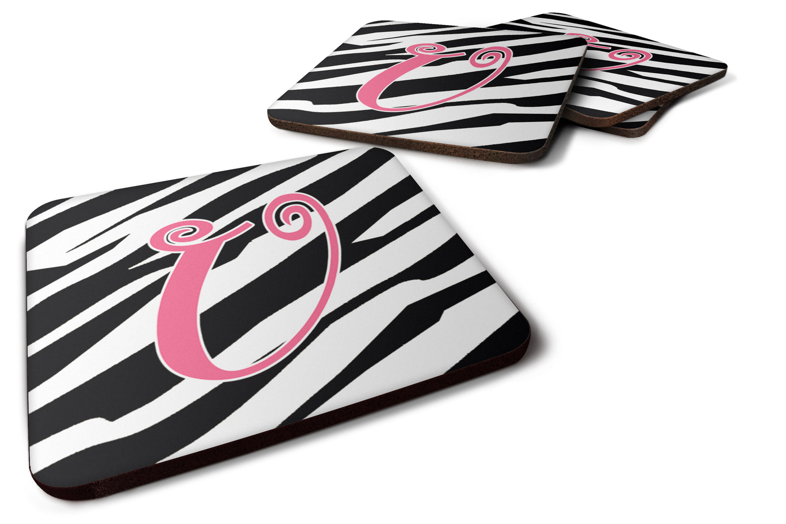 Set of 4 Monogram - Zebra Stripe and Pink Foam Coasters Initial Letter U - the-store.com