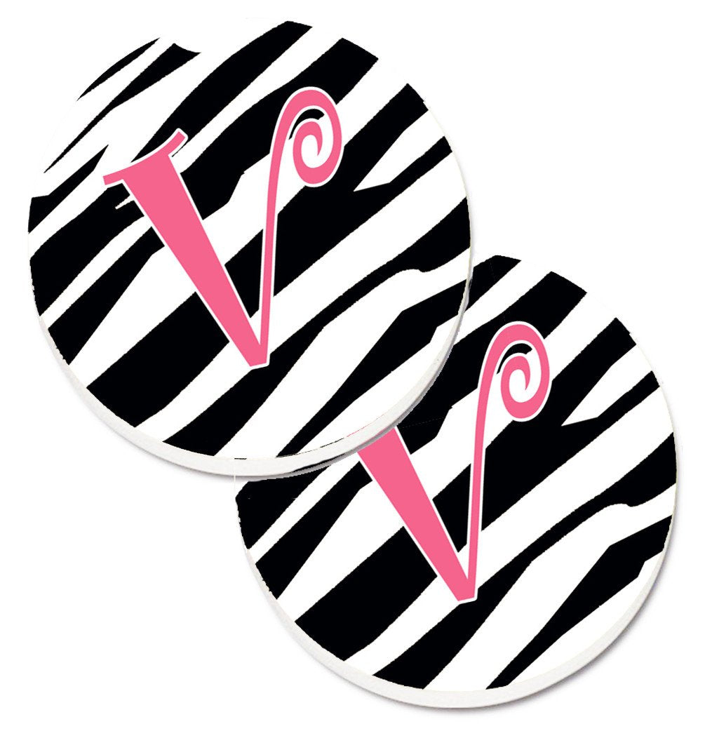Monogram Initial V Zebra Stripe and Pink  Set of 2 Cup Holder Car Coasters CJ1037-VCARC by Caroline&#39;s Treasures