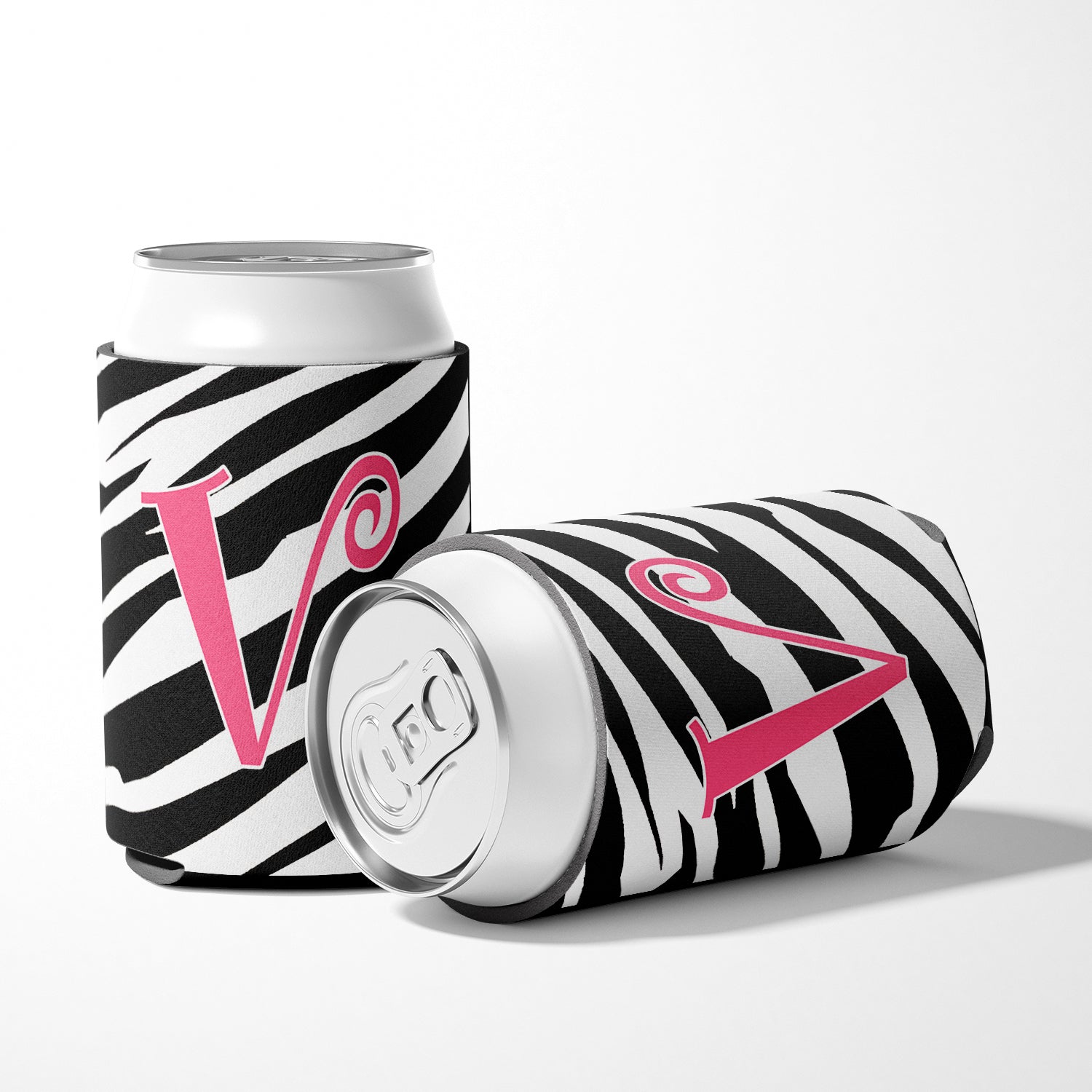 Letter V Initial Monogram - Zebra Stripe and Pink Can or Bottle Beverage Insulator Hugger.