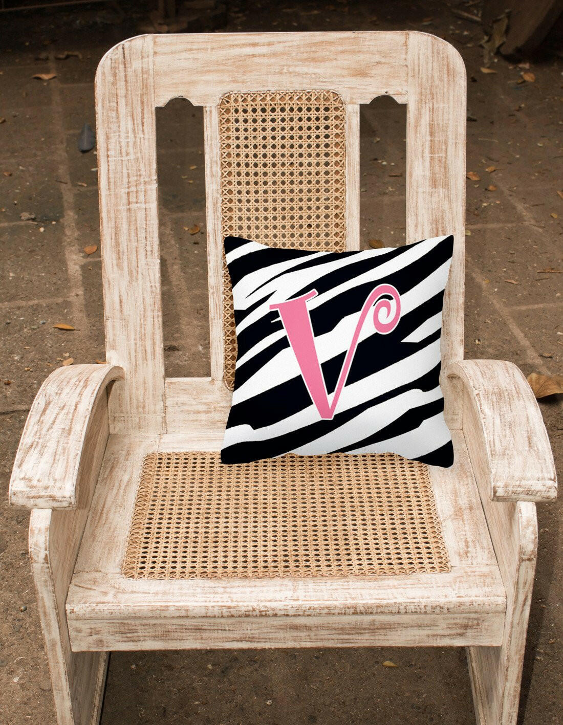 Monogram Initial V Zebra Stripe and Pink Decorative Canvas Fabric Pillow CJ1037 - the-store.com