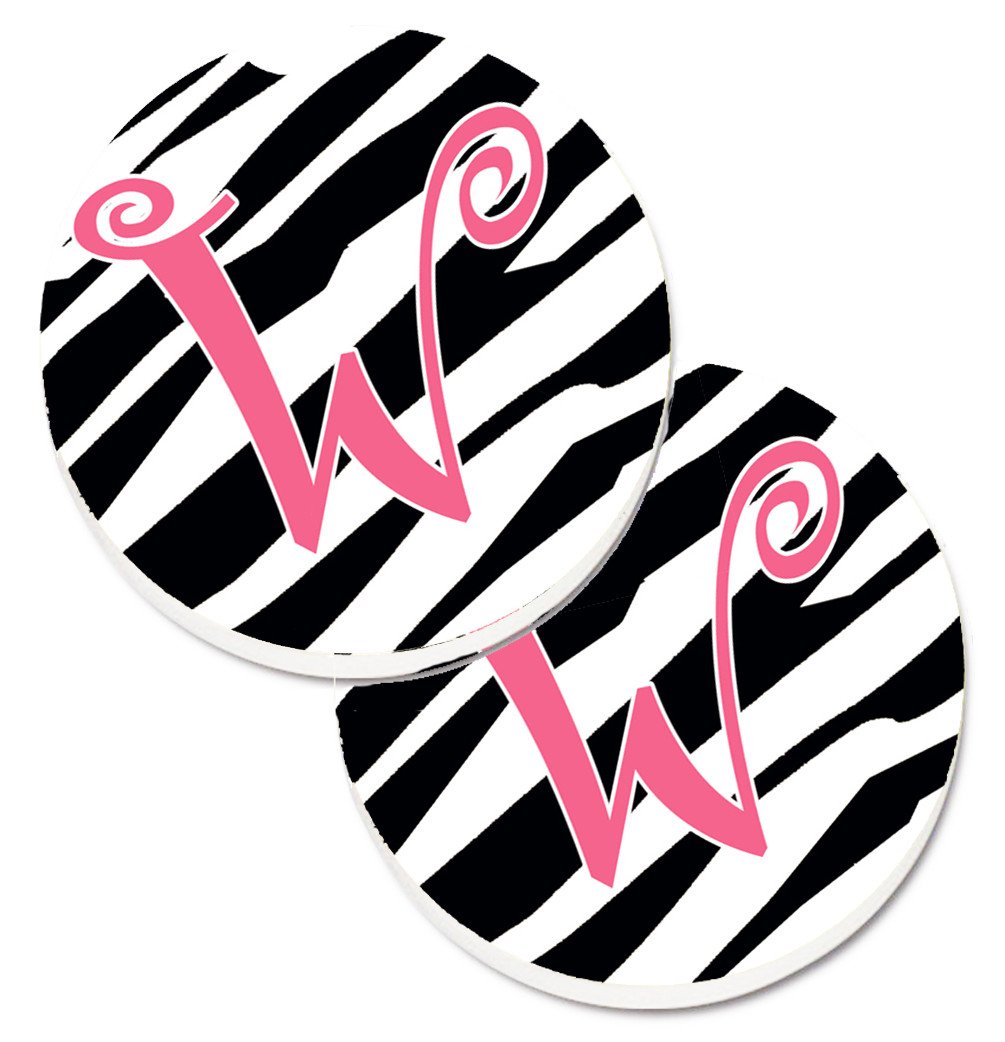 Monogram Initial W Zebra Stripe and Pink  Set of 2 Cup Holder Car Coasters CJ1037-WCARC by Caroline&#39;s Treasures