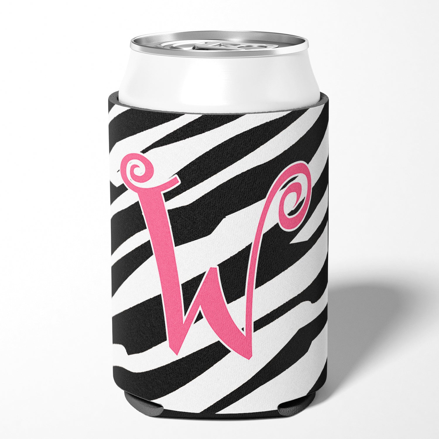 Letter W Initial Monogram - Zebra Stripe and Pink Can or Bottle Beverage Insulator Hugger