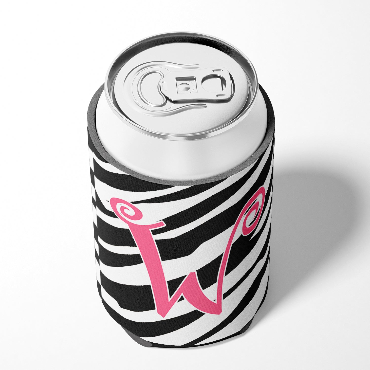 Letter W Initial Monogram - Zebra Stripe and Pink Can or Bottle Beverage Insulator Hugger.