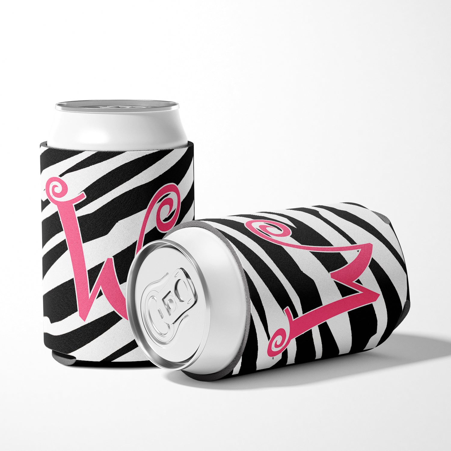 Letter W Initial Monogram - Zebra Stripe and Pink Can or Bottle Beverage Insulator Hugger.