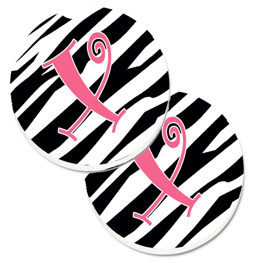 Monogram Initial X Zebra Stripe and Pink  Set of 2 Cup Holder Car Coasters CJ1037-XCARC by Caroline&#39;s Treasures