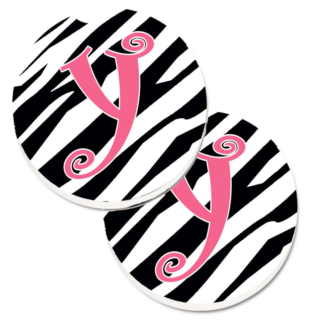 Monogram Initial Y Zebra Stripe and Pink  Set of 2 Cup Holder Car Coasters CJ1037-YCARC by Caroline&#39;s Treasures