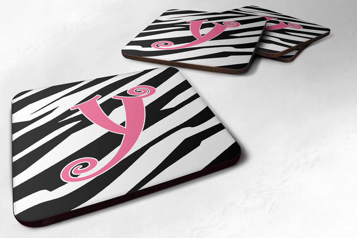Set of 4 Monogram - Zebra Stripe and Pink Foam Coasters Initial Letter Y - the-store.com