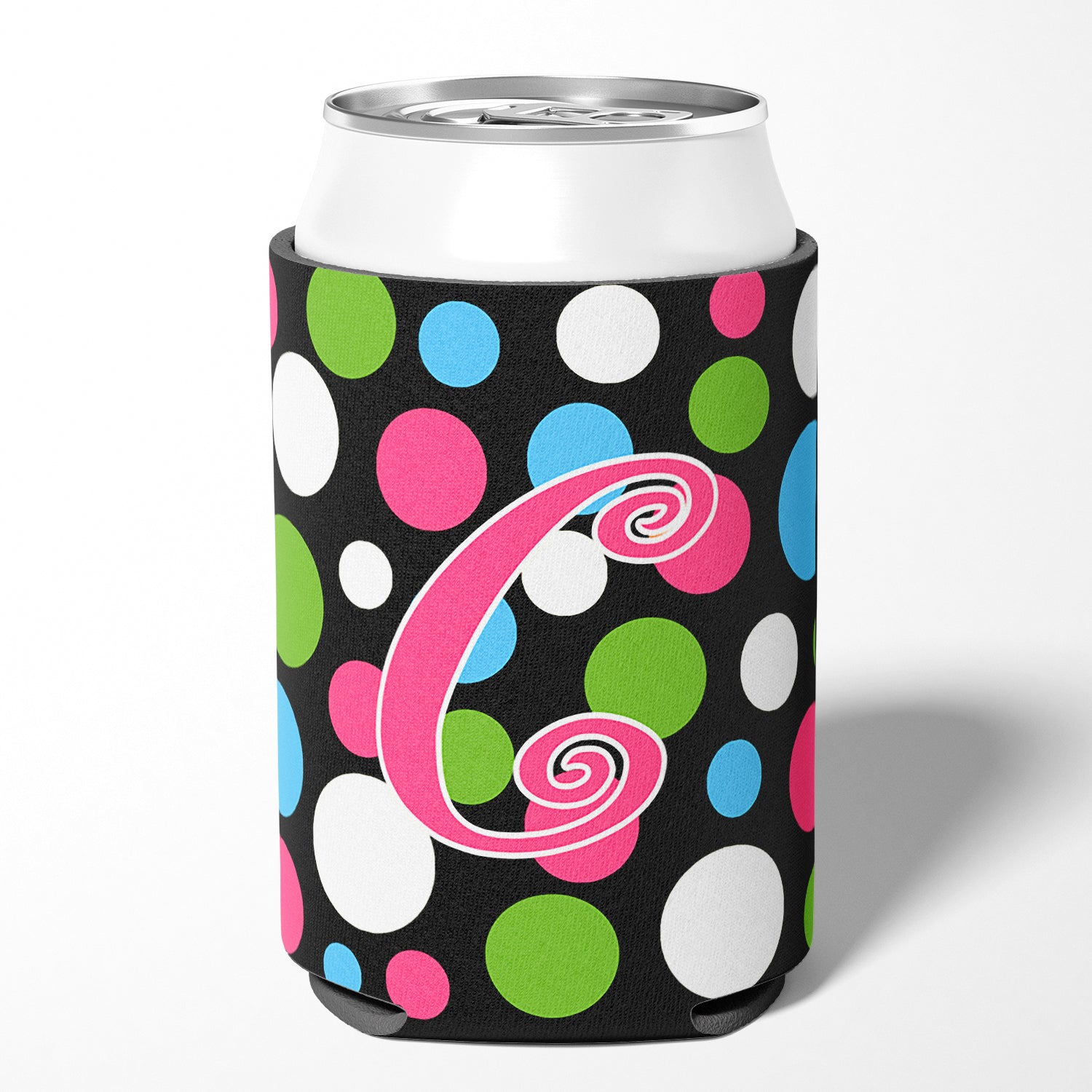 Letter C Initial Monogram - Polkadots and Pink Can or Bottle Beverage Insulator Hugger.