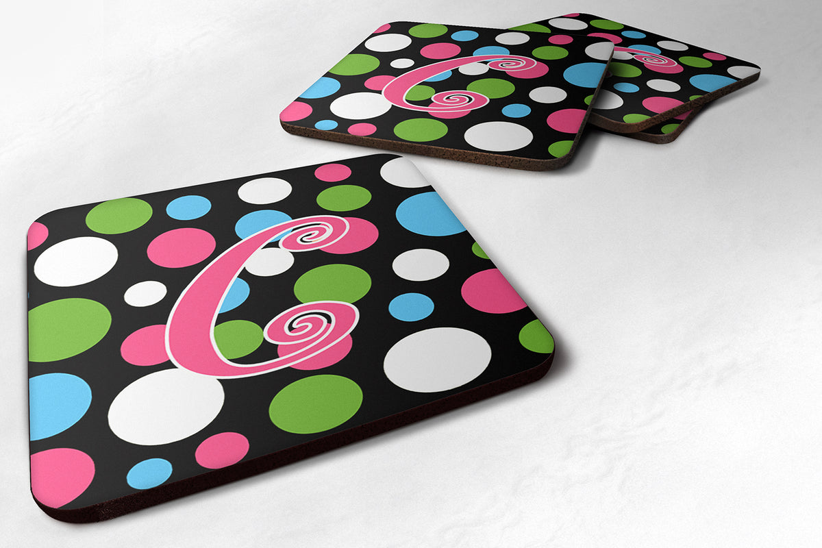 Set of 4 Monogram - Polkadots and Pink Foam Coasters Initial Letter C - the-store.com