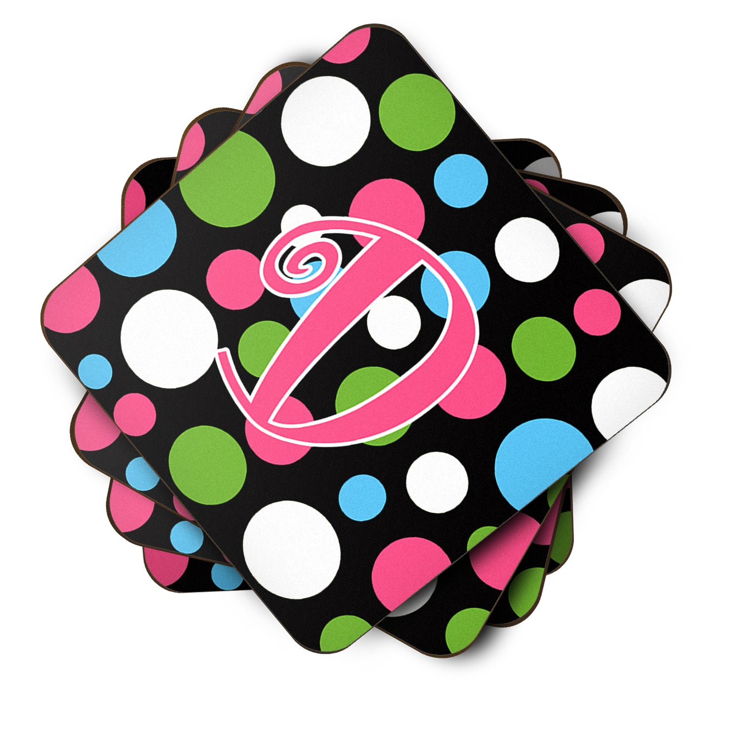 Set of 4 Monogram - Polkadots and Pink Foam Coasters Initial Letter D - the-store.com