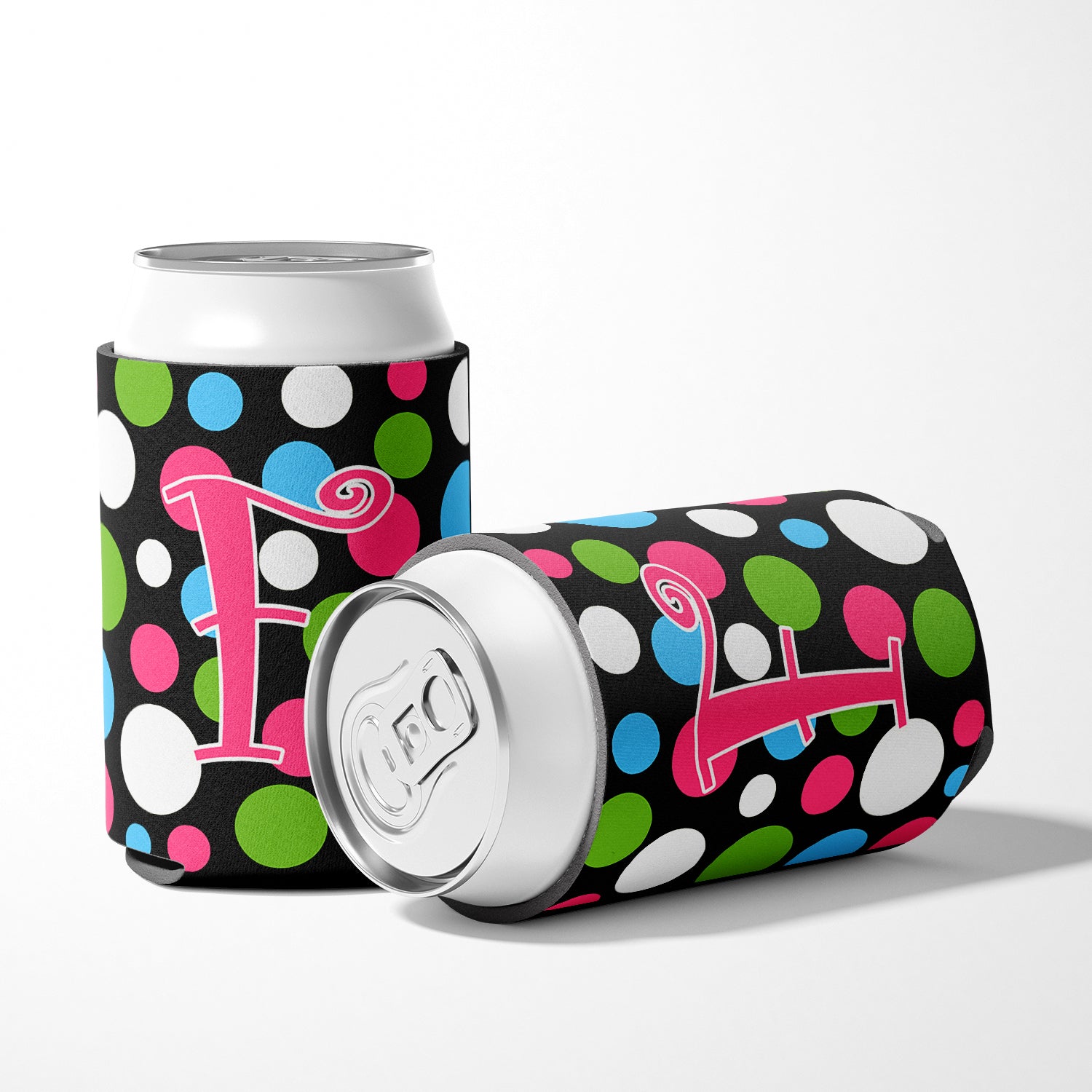 Letter F Initial Monogram - Polkadots and Pink Can or Bottle Beverage Insulator Hugger