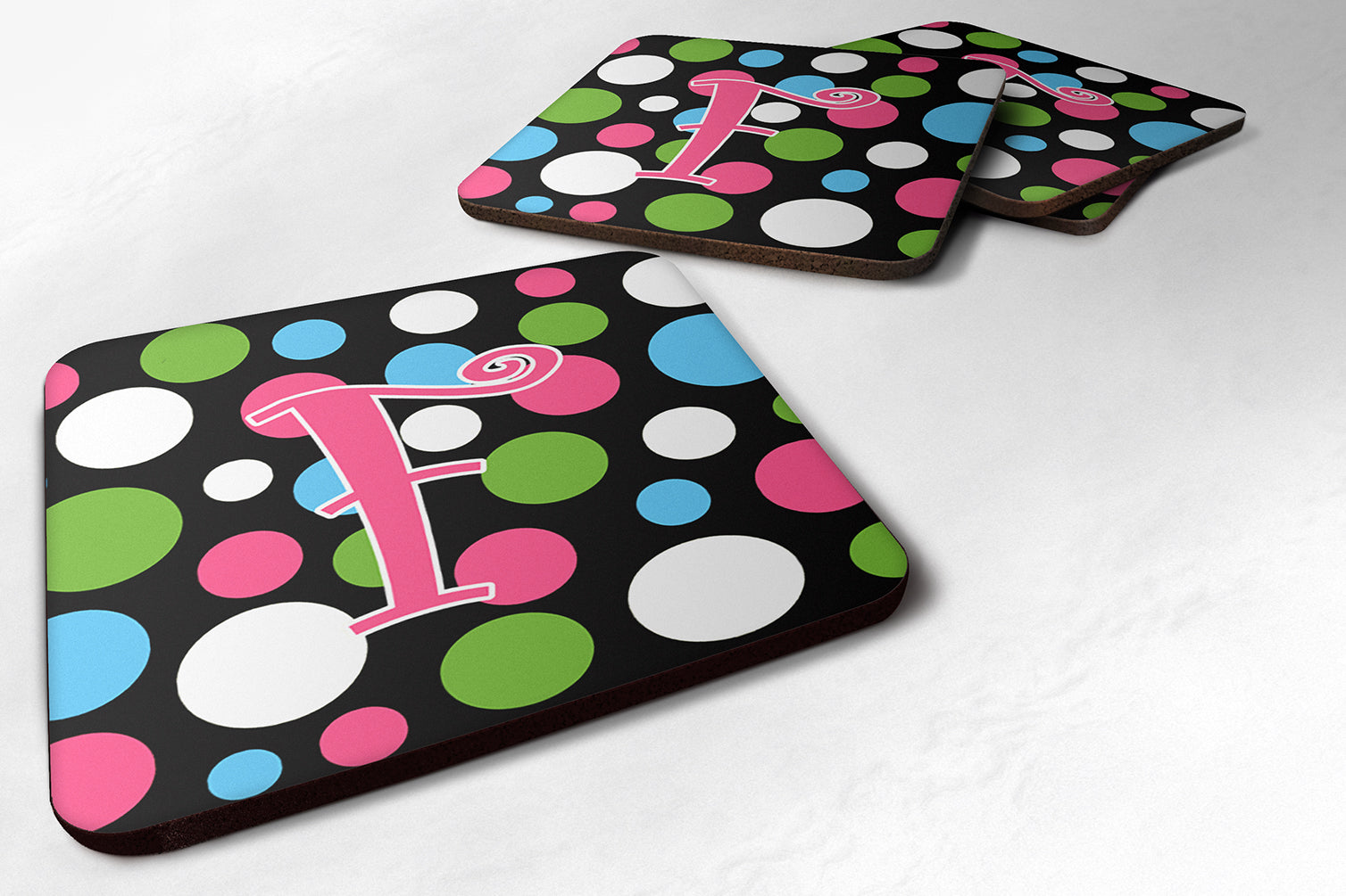 Set of 4 Monogram - Polkadots and Pink Foam Coasters Initial Letter F - the-store.com
