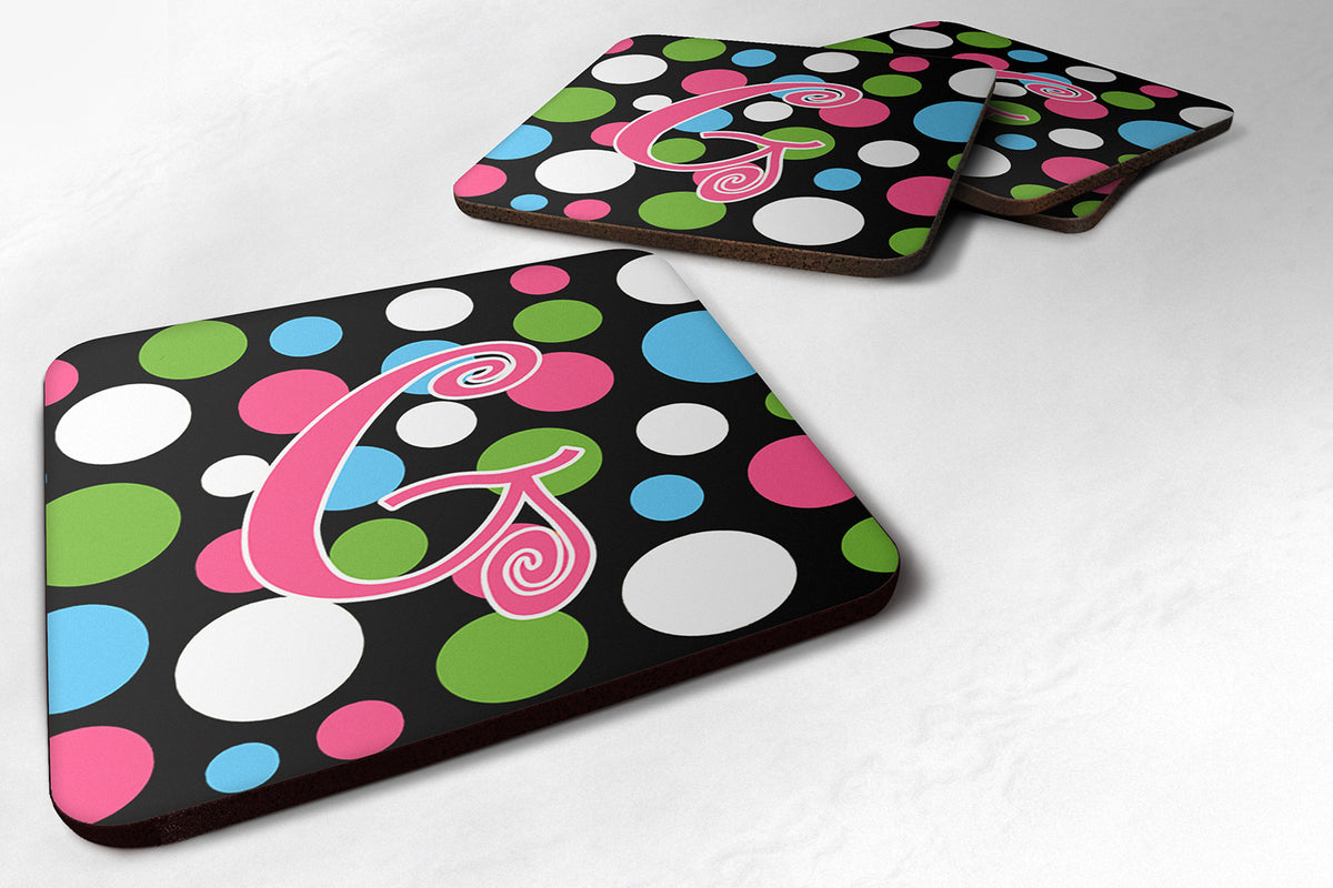 Set of 4 Monogram - Polkadots and Pink Foam Coasters Initial Letter G - the-store.com