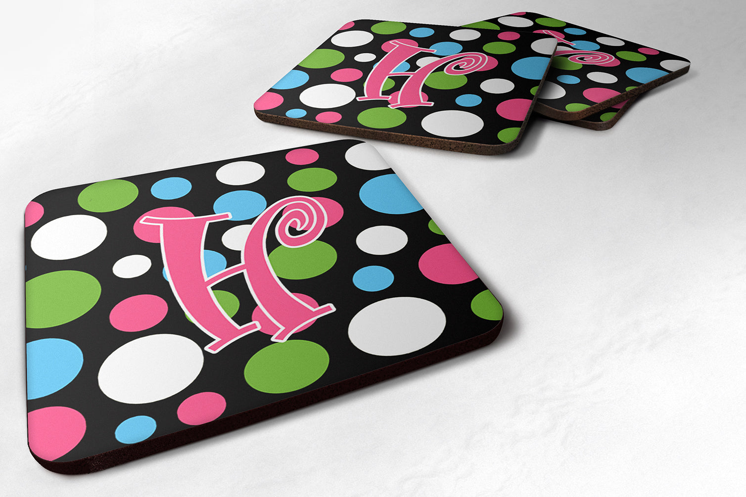 Set of 4 Monogram - Polkadots and Pink Foam Coasters Initial Letter H - the-store.com
