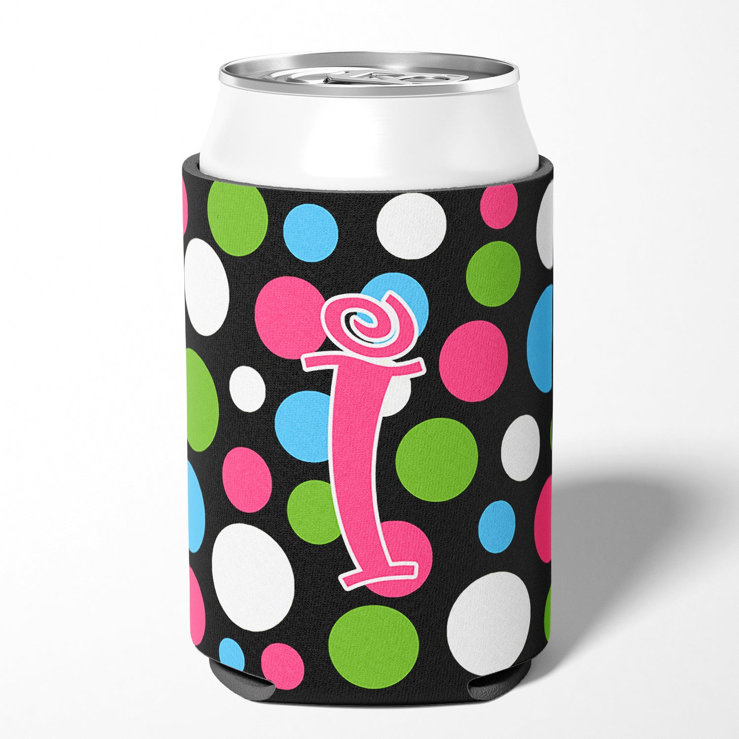 Letter I Initial Monogram - Polkadots and Pink Can or Bottle Beverage Insulator Hugger