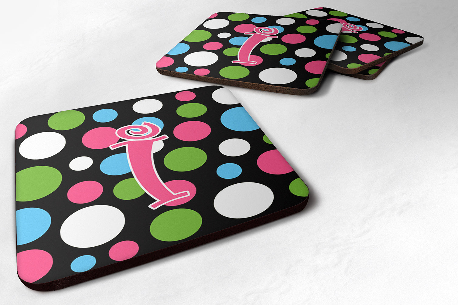 Set of 4 Monogram - Polkadots and Pink Foam Coasters Initial Letter I - the-store.com