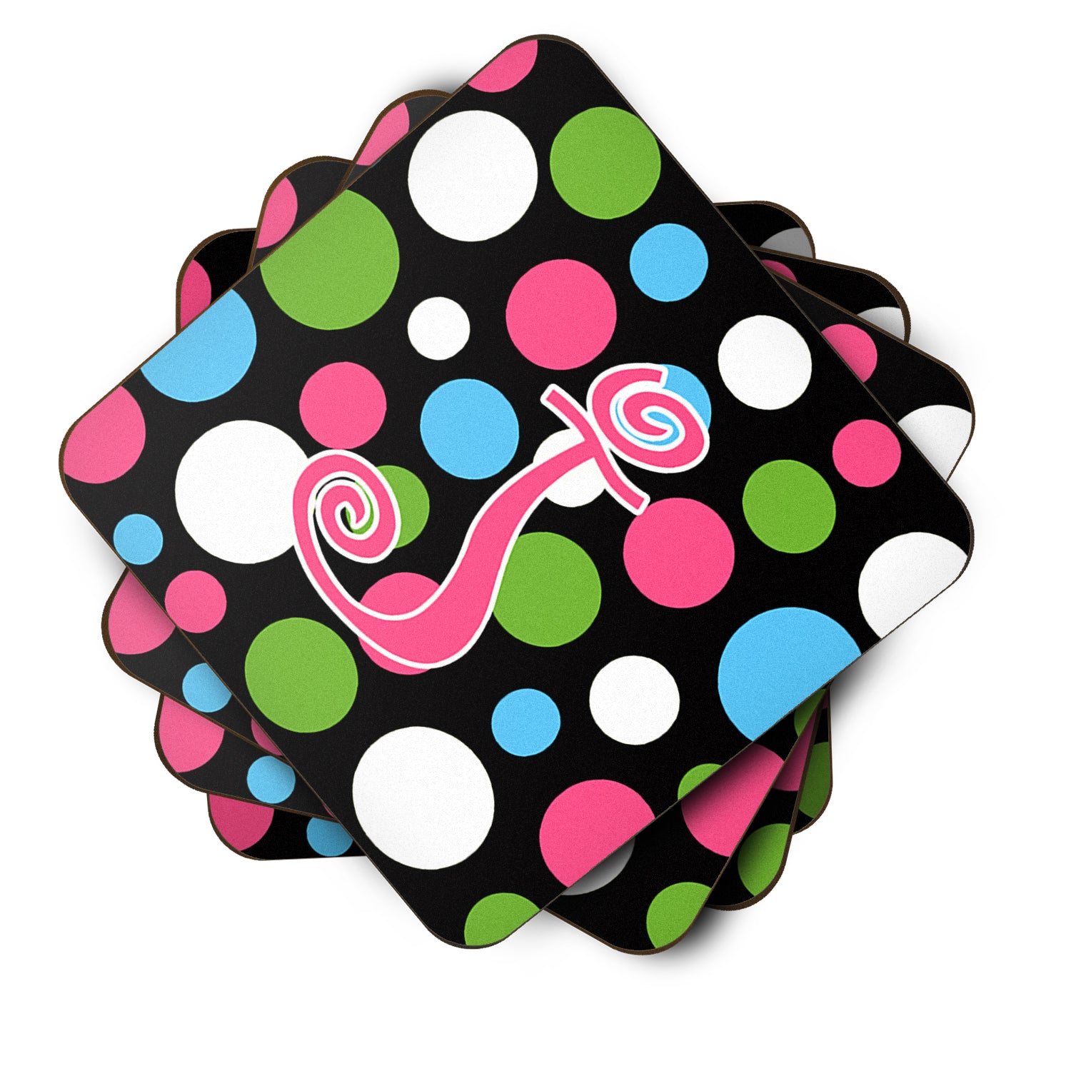 Set of 4 Monogram - Polkadots and Pink Foam Coasters Initial Letter J - the-store.com
