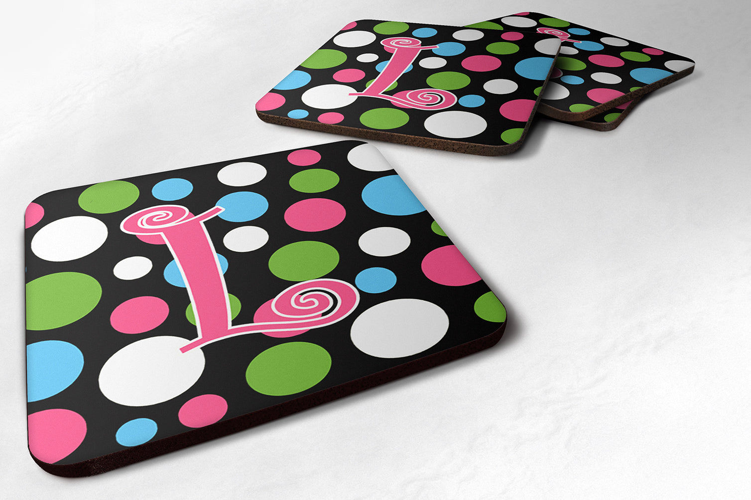 Set of 4 Monogram - Polkadots and Pink Foam Coasters Initial Letter L - the-store.com