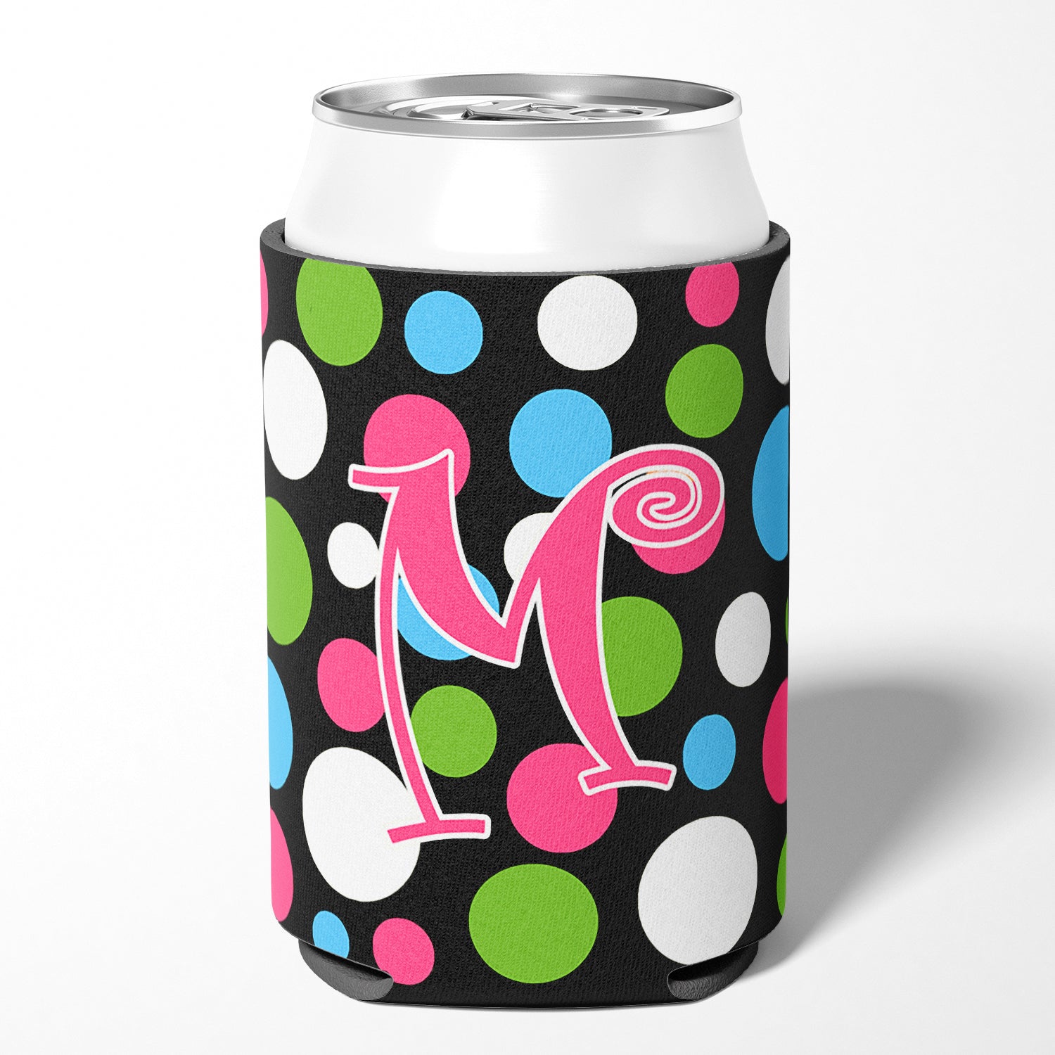 Letter M Initial Monogram - Polkadots and Pink Can or Bottle Beverage Insulator Hugger.