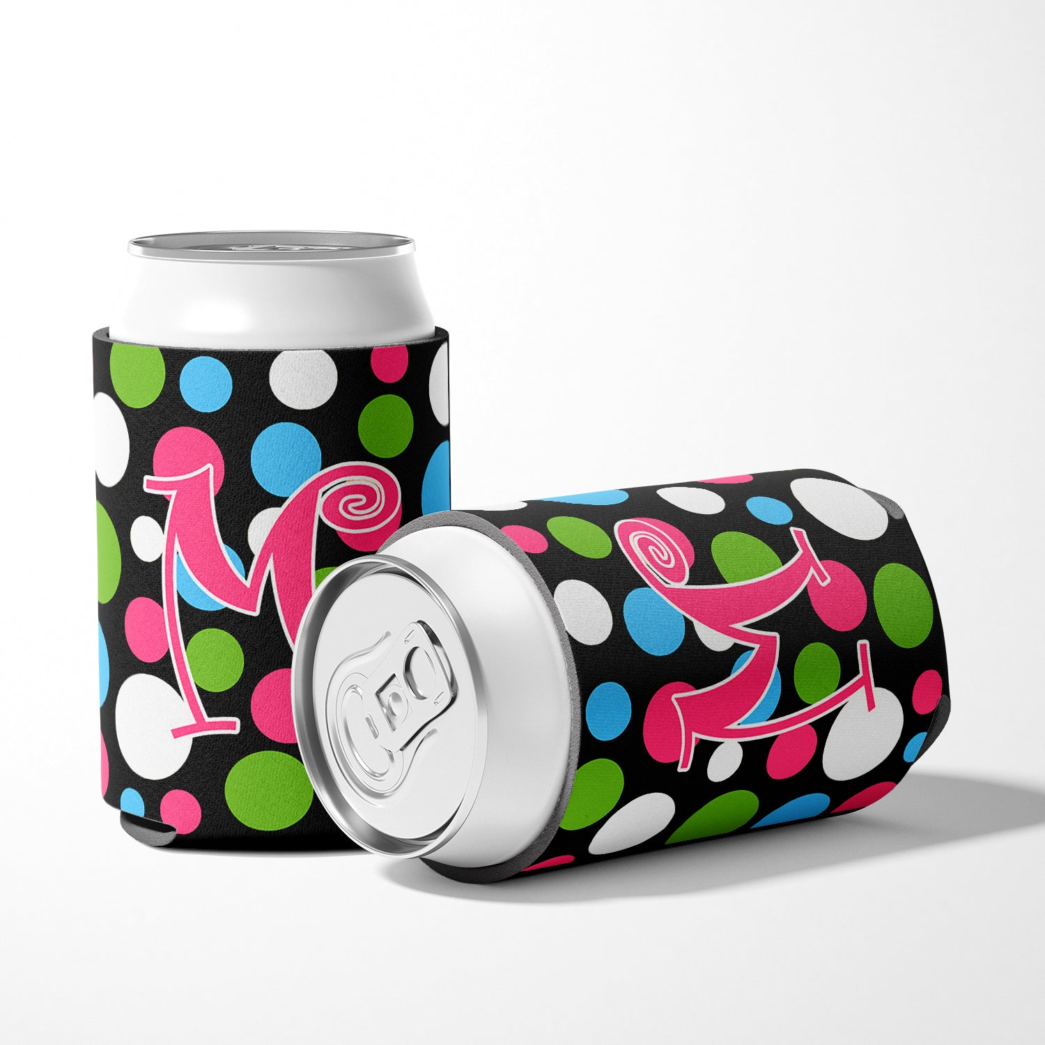 Letter M Initial Monogram - Polkadots and Pink Can or Bottle Beverage Insulator Hugger.