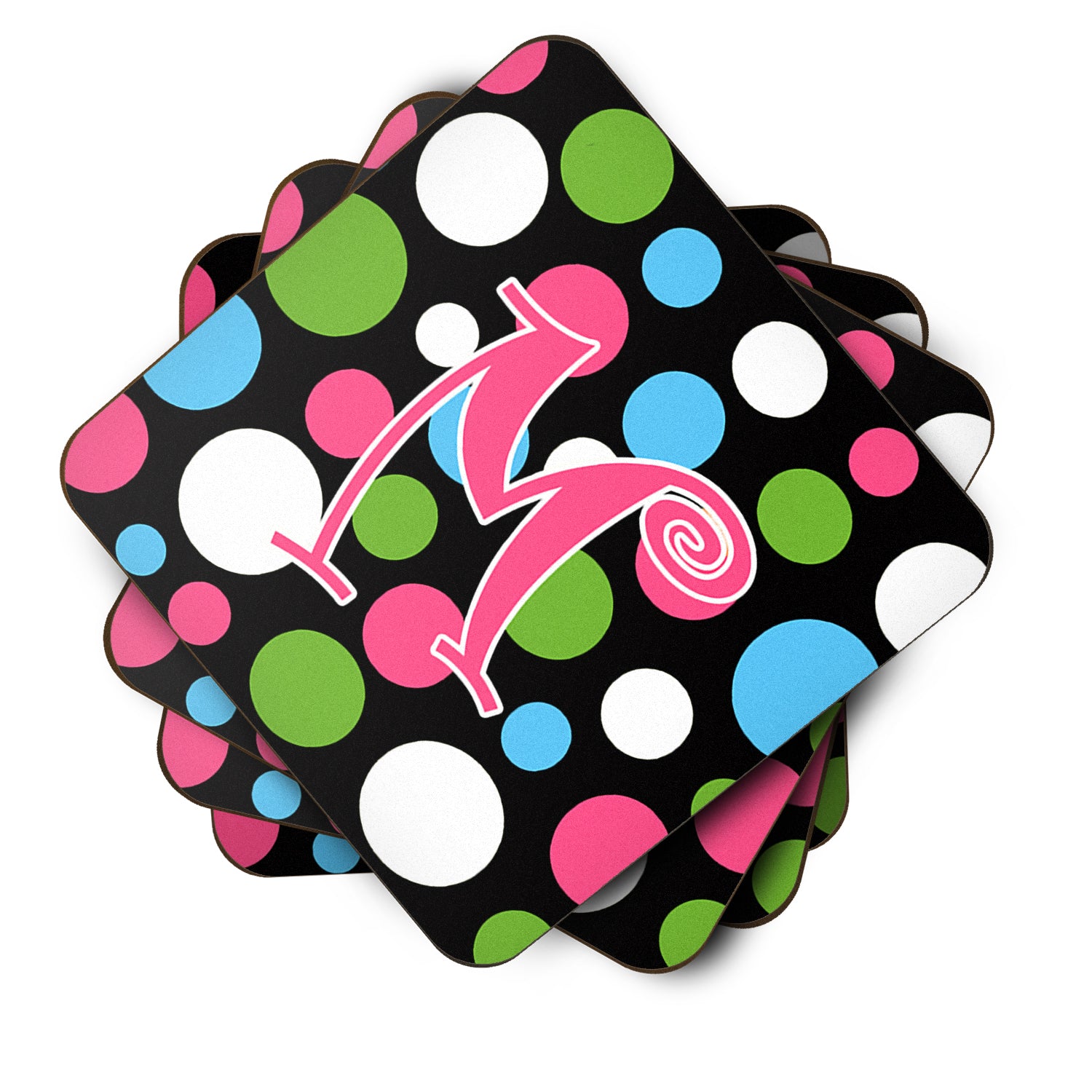 Set of 4 Monogram - Polkadots and Pink Foam Coasters Initial Letter M - the-store.com