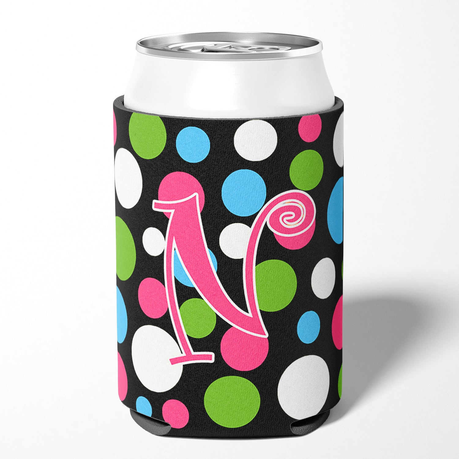 Letter N Initial Monogram - Polkadots and Pink Can or Bottle Beverage Insulator Hugger
