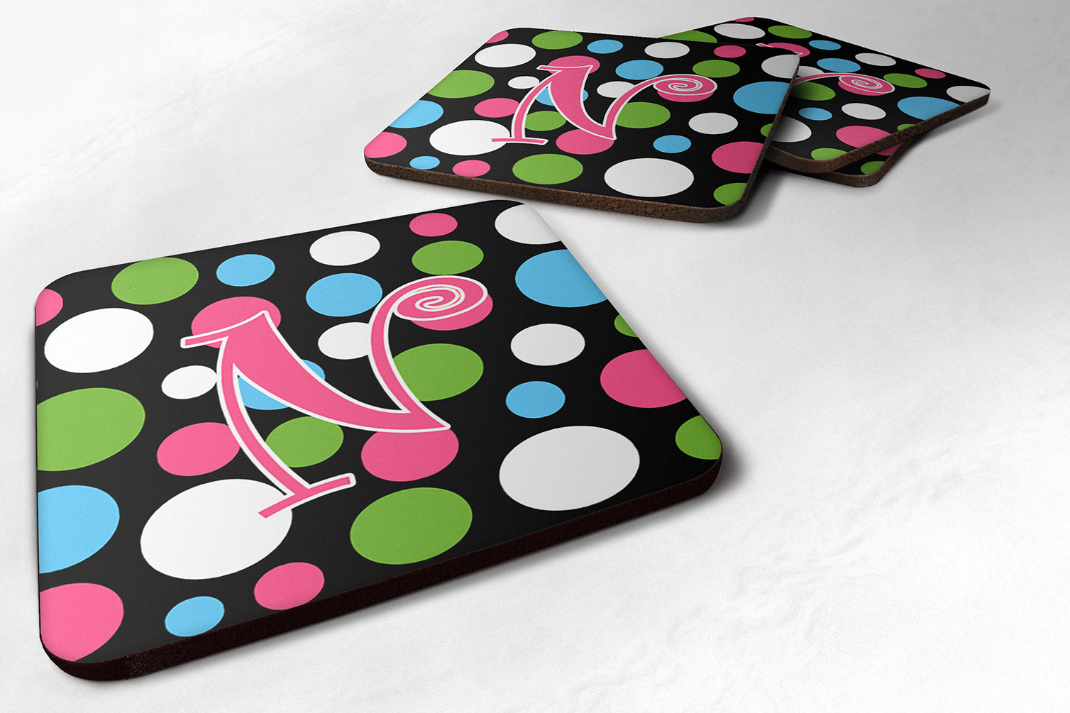 Set of 4 Monogram - Polkadots and Pink Foam Coasters Initial Letter N - the-store.com