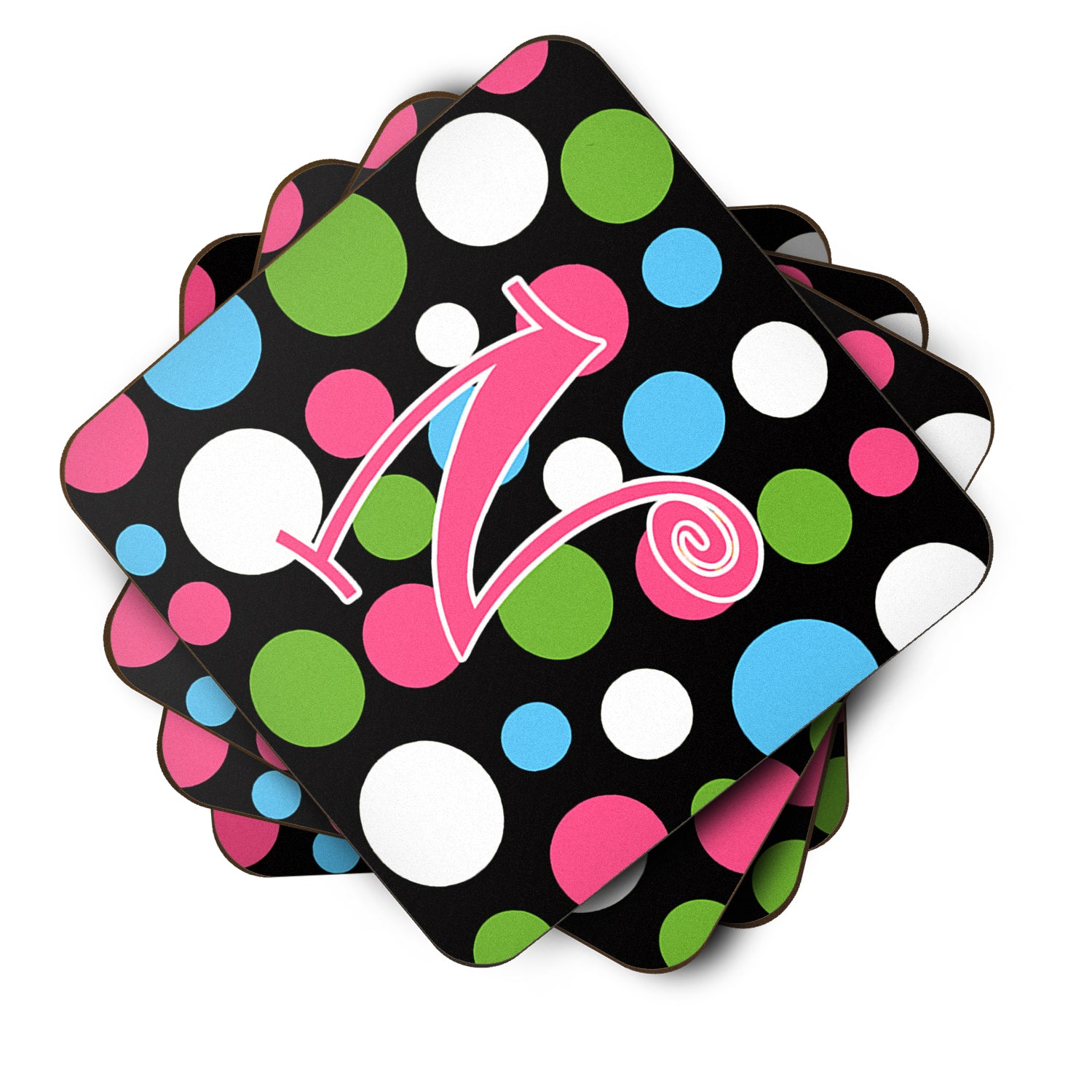 Set of 4 Monogram - Polkadots and Pink Foam Coasters Initial Letter N - the-store.com